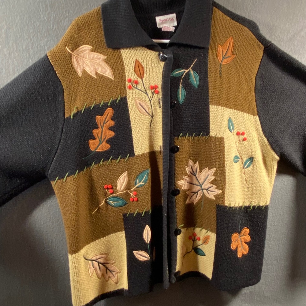 vtg Cardigan 1x Fall Leaf Patchwork Embroidered Button‎ Up grandmacore novelty